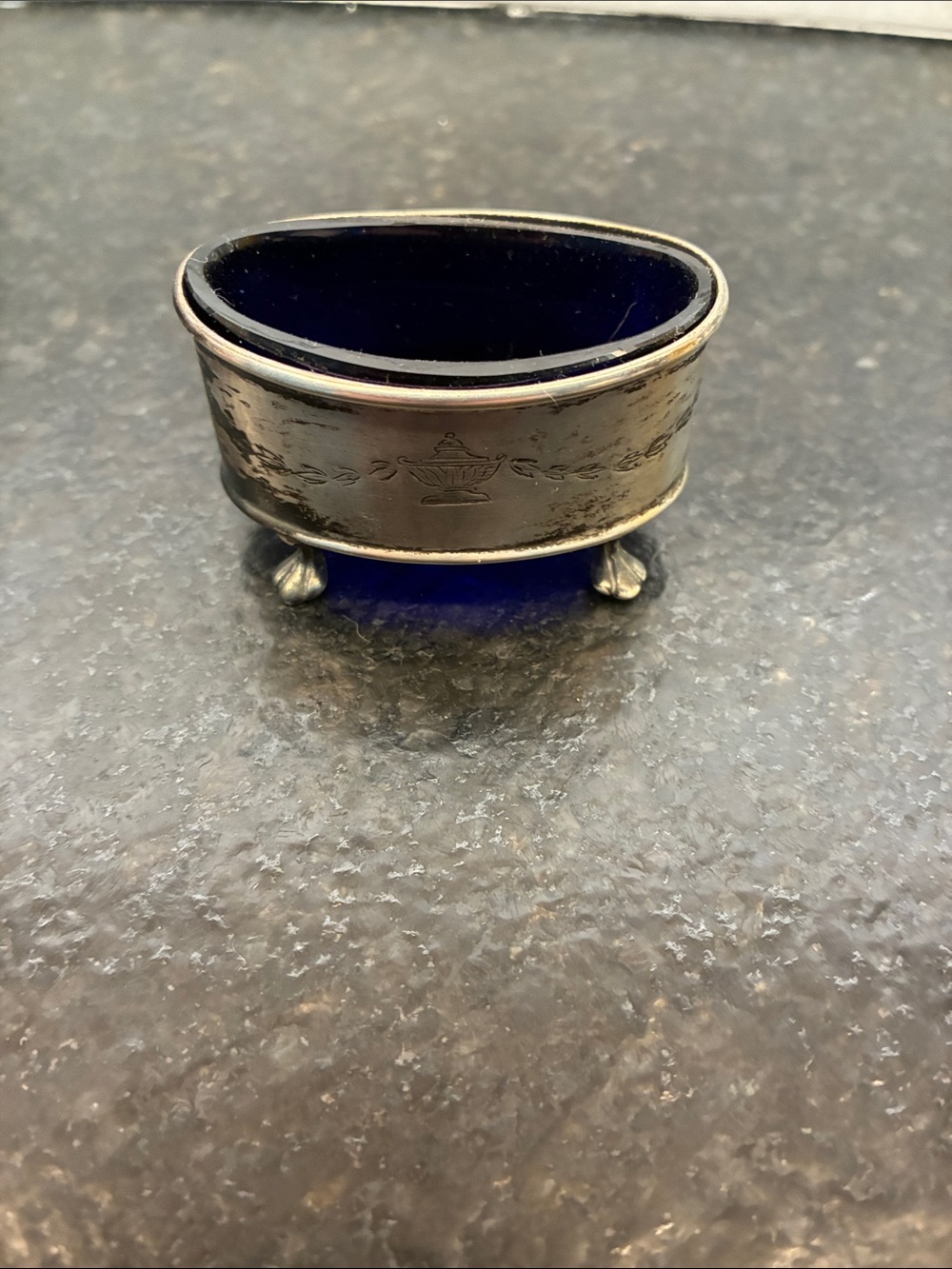 Antique Silver Salt Cellar with Cobalt Blue Glass IE.S.Barnsley ESB hallmark